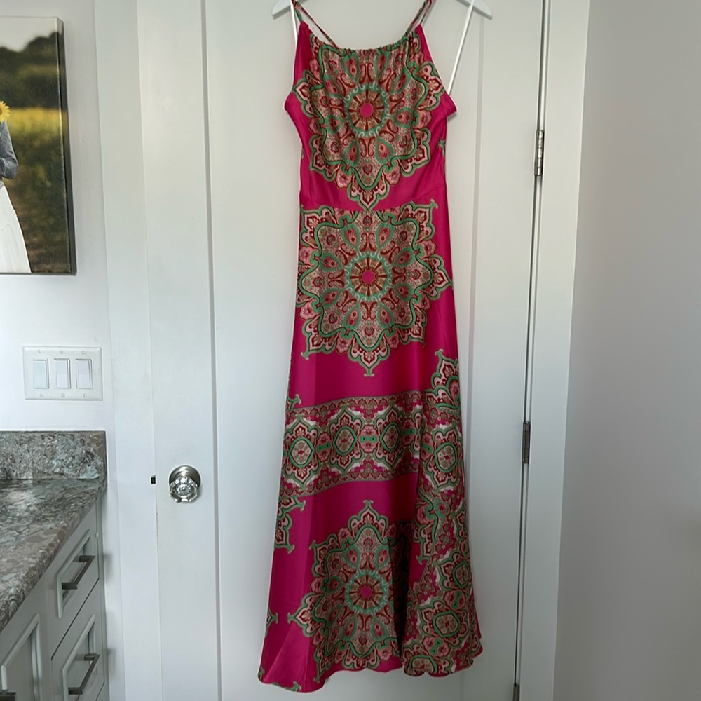 Aakaa Empire Satin Maxi Dress - Fuchsia Multi / Small